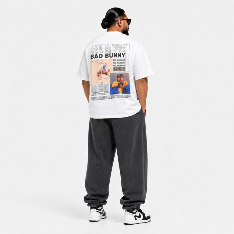 تیشرت مردانه مچینست سفید طرح Bad Bunny | تیشرت باکس فیت نخ پنبه چاپ پشت و جلو
